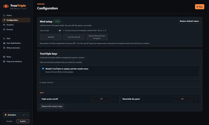 Configuration: The game folder, the buttons to reinstall, turn off or remove the mod, and the TrueTriple keys.