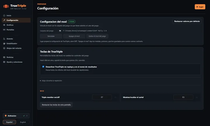 Configuración: La carpeta del juego, los botones para reinstalar, apagar o quitar el mod, y las teclas de TrueTriple.