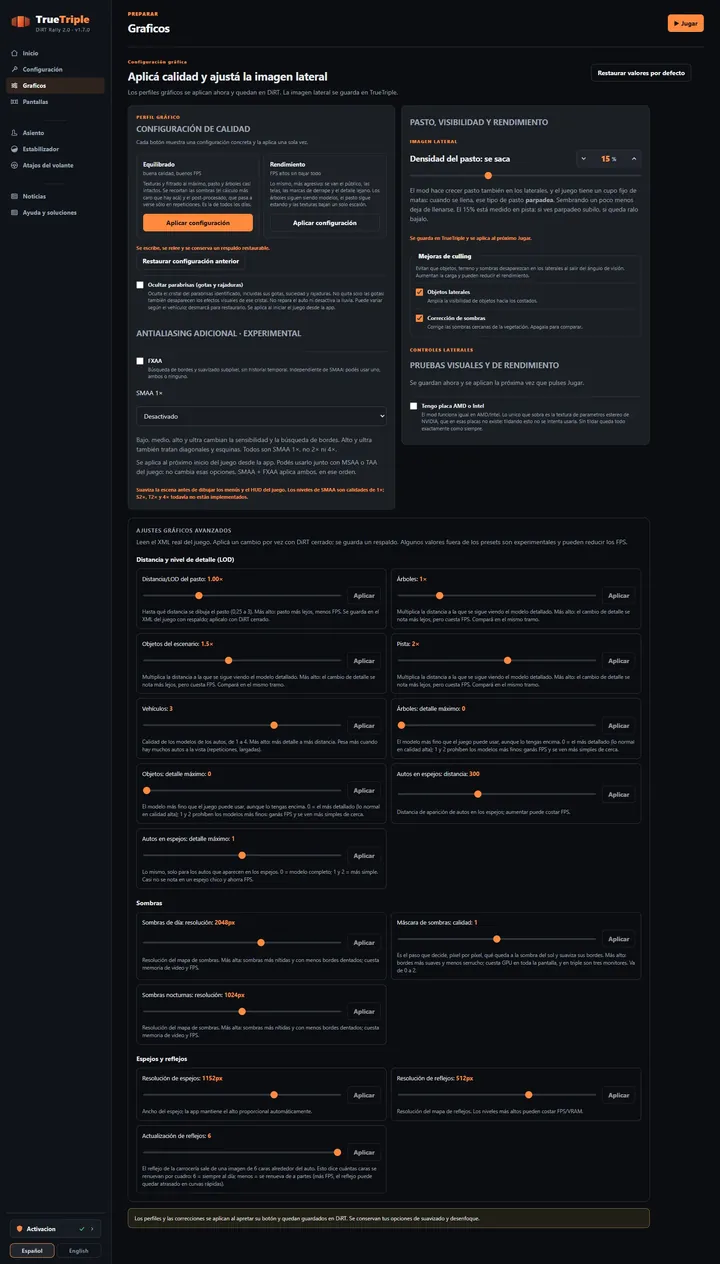 Gráficos: Los perfiles Equilibrado y Rendimiento, la densidad del pasto en los laterales y los ajustes avanzados de distancia, sombras y reflejos.