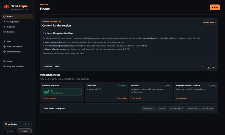 Home: The latest news on top and, below, the install status for the wheel, the mod, graphics and screens.