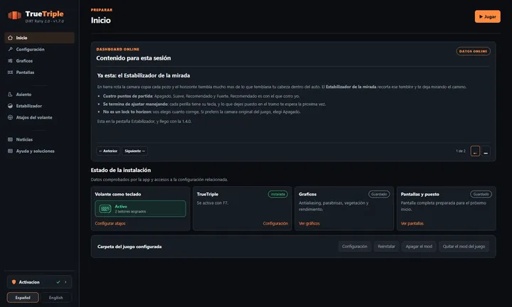 Inicio: La novedad del momento arriba y abajo el estado de la instalación, con el volante, el mod, los gráficos y las pantallas.