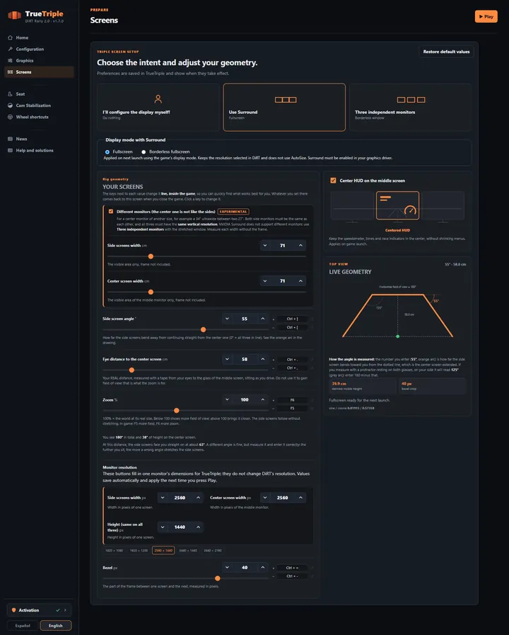 Screens: The display mode, your rig measurements with keys to tune them live, and a top view of the rig.