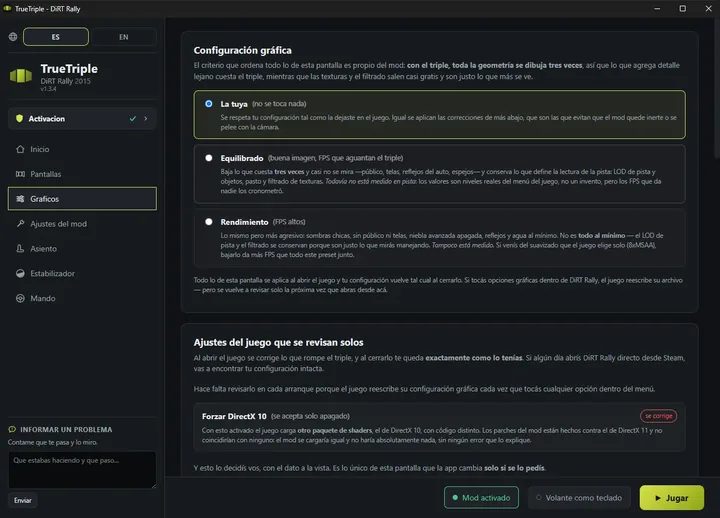 Gráficos: Tu configuración tal como está o dos presets pensados para el triple, y los ajustes del juego que rompen el triple, revisados solos.