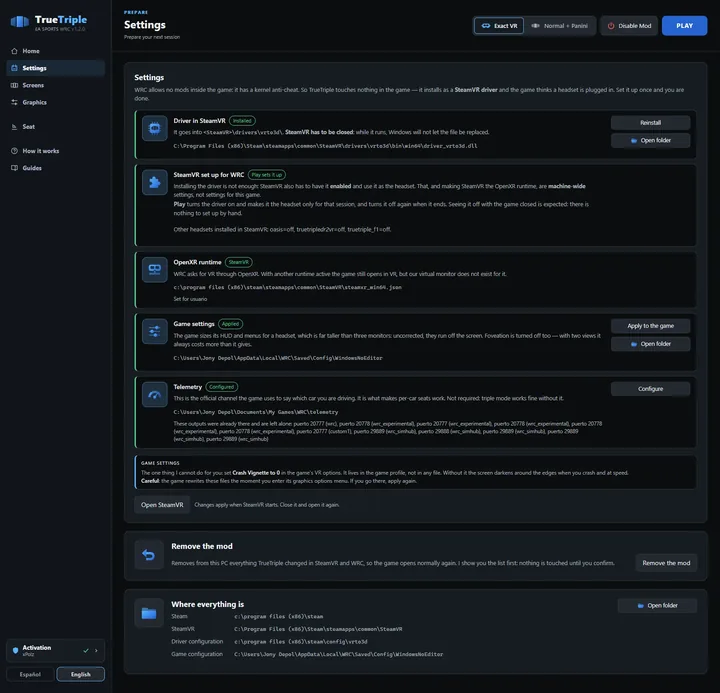 Settings: Every piece with its status, its path and its button. Remove the mod takes out everything the app changed, and shows you the list first.
