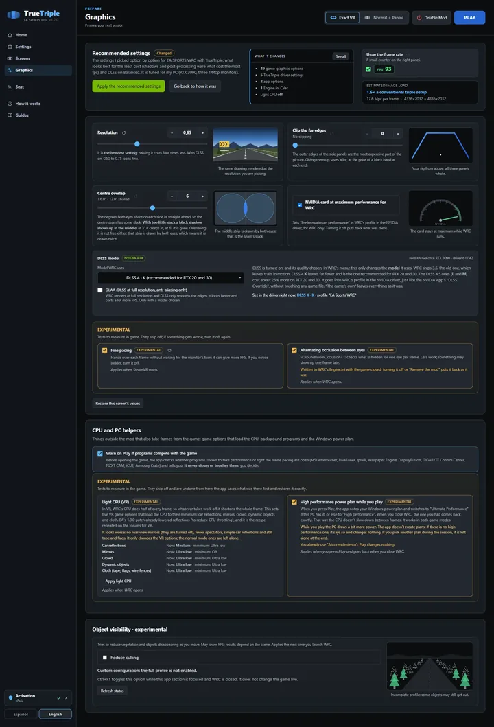 Graphics: The recommended settings in one click, the sliders that buy fps back, the DLSS model and the experimental stuff, which ships off.