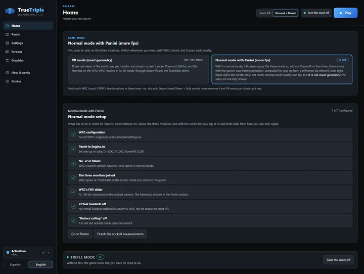 Home in Panini mode: In normal mode the app shows its own setup: the Panini in Engine.ini, no -vr in Steam and the game’s FOV at 100.